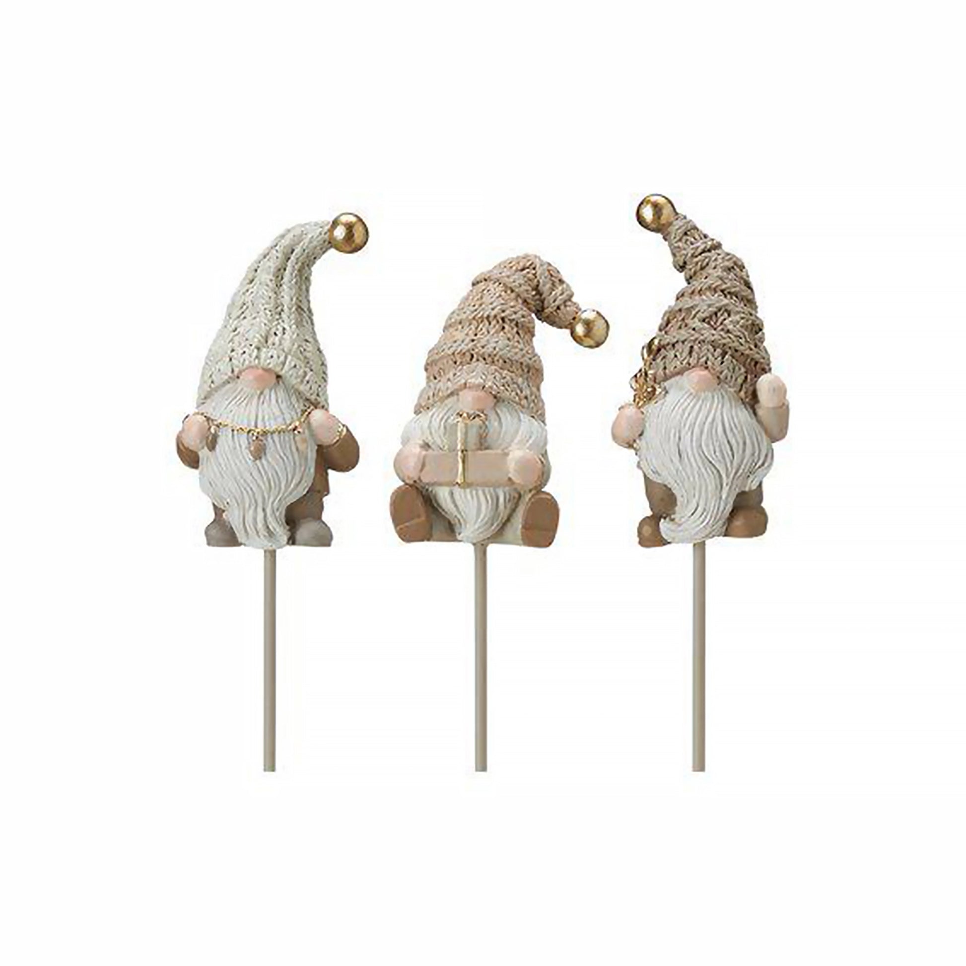 Three festive gnome plant pot stick ornaments