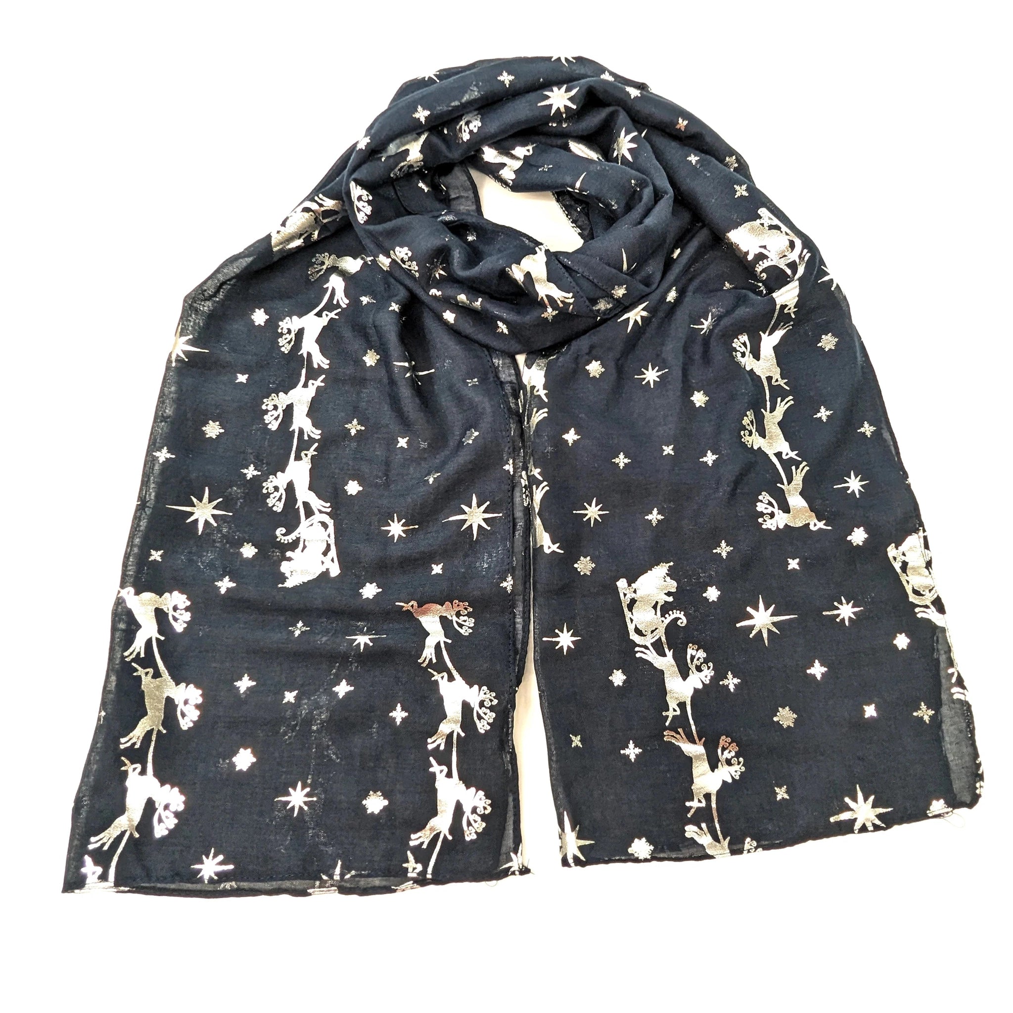 A navy scarf with silver foil Santa sleigh and reindeer repeating pattern