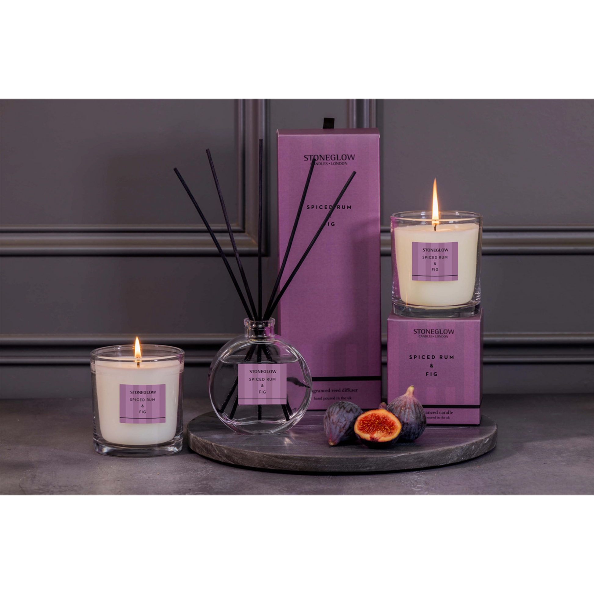 Stoneglow Spiced Rum & Fig collection with purple striped packaging
