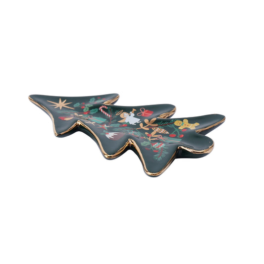 Christmas tree shaped trinket dish with painted decorations and gold leaf side view