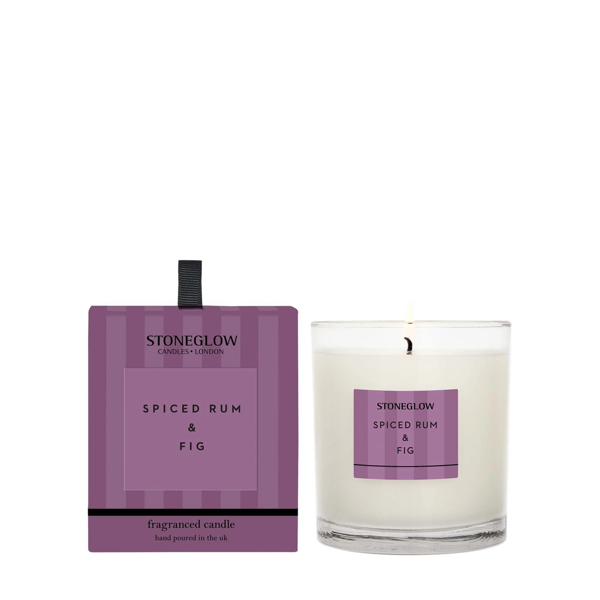 Stoneglow Spiced Rum & Fig tumbler with purple striped packaging