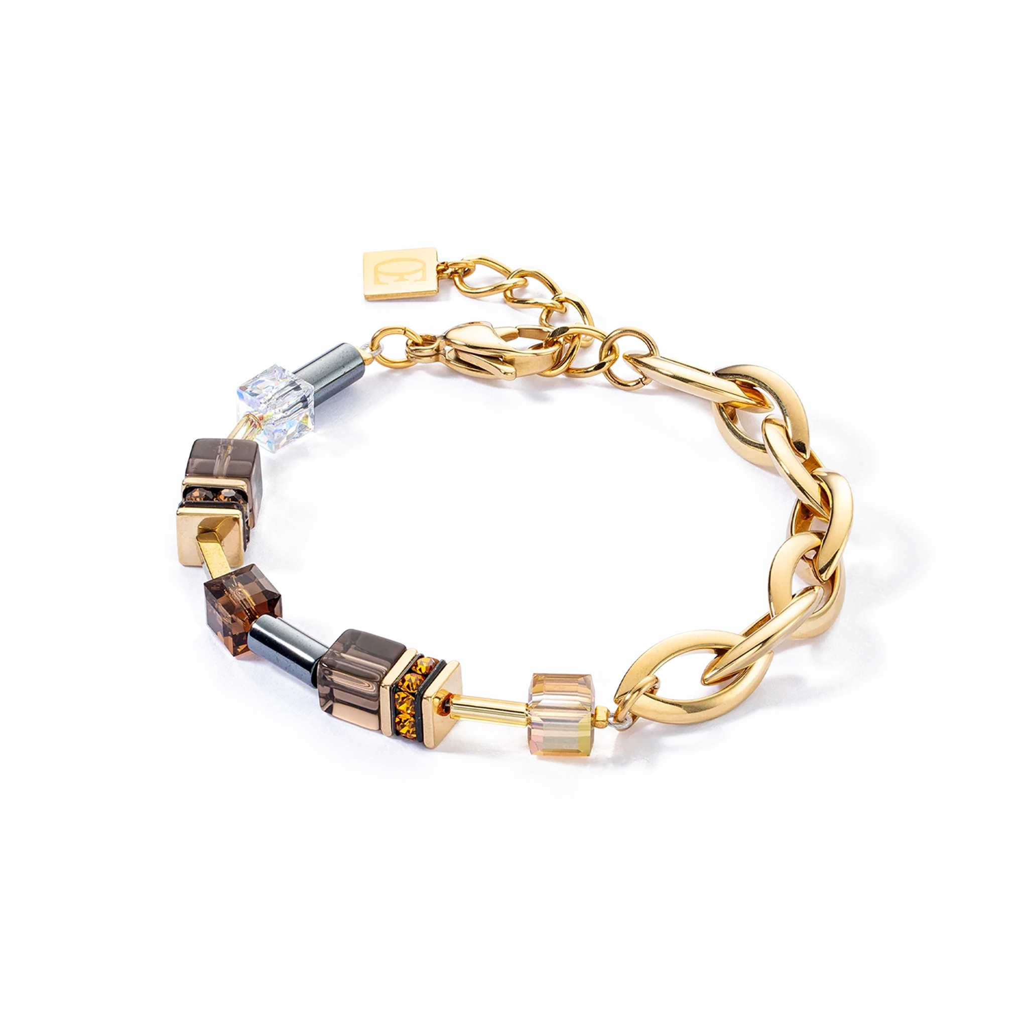 A bracelet with brown cube shaped stones and chunky gold chain details