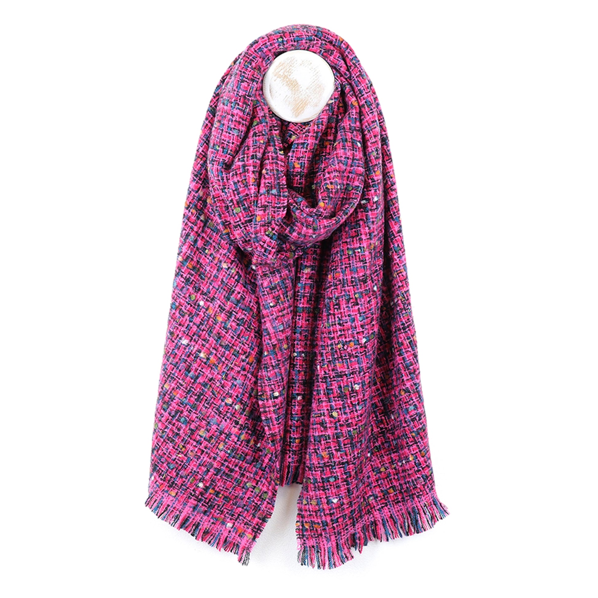 Pink and blue chunky woven knit scarf
