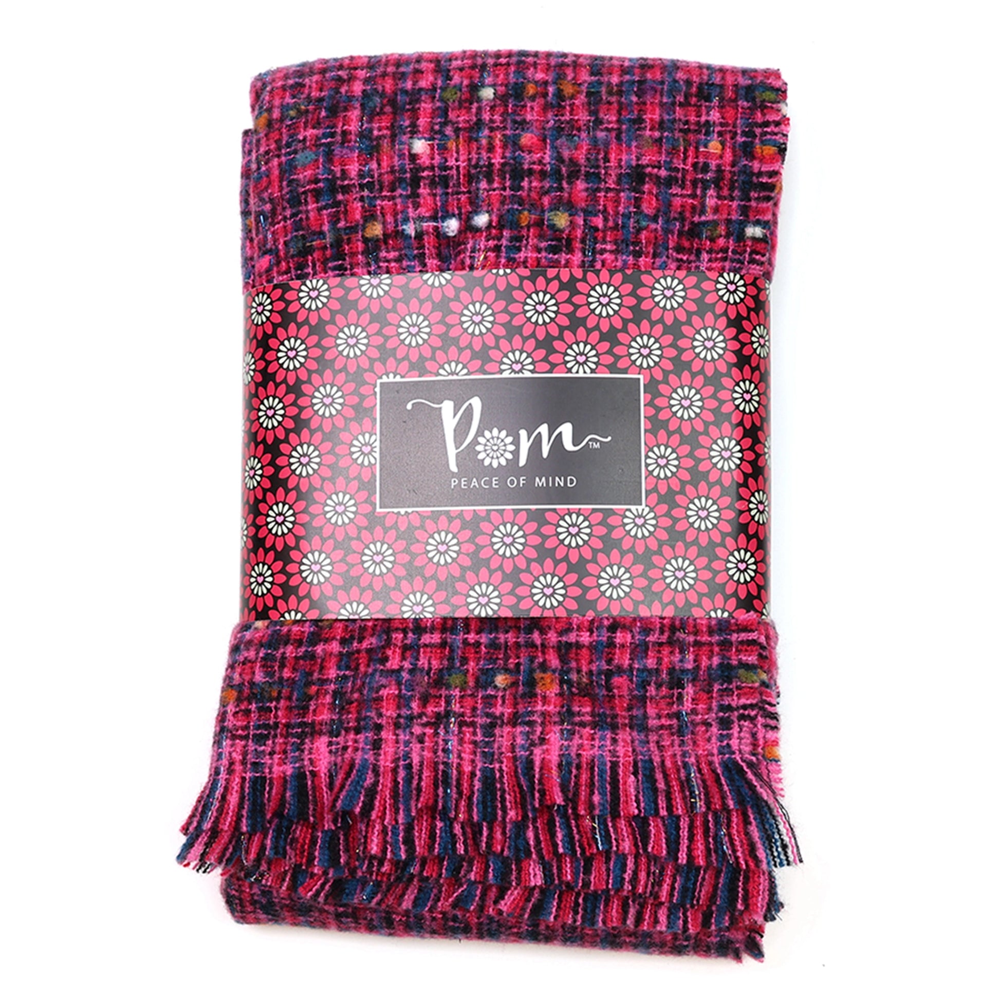 Pink and blue chunky woven knit scarf packaging