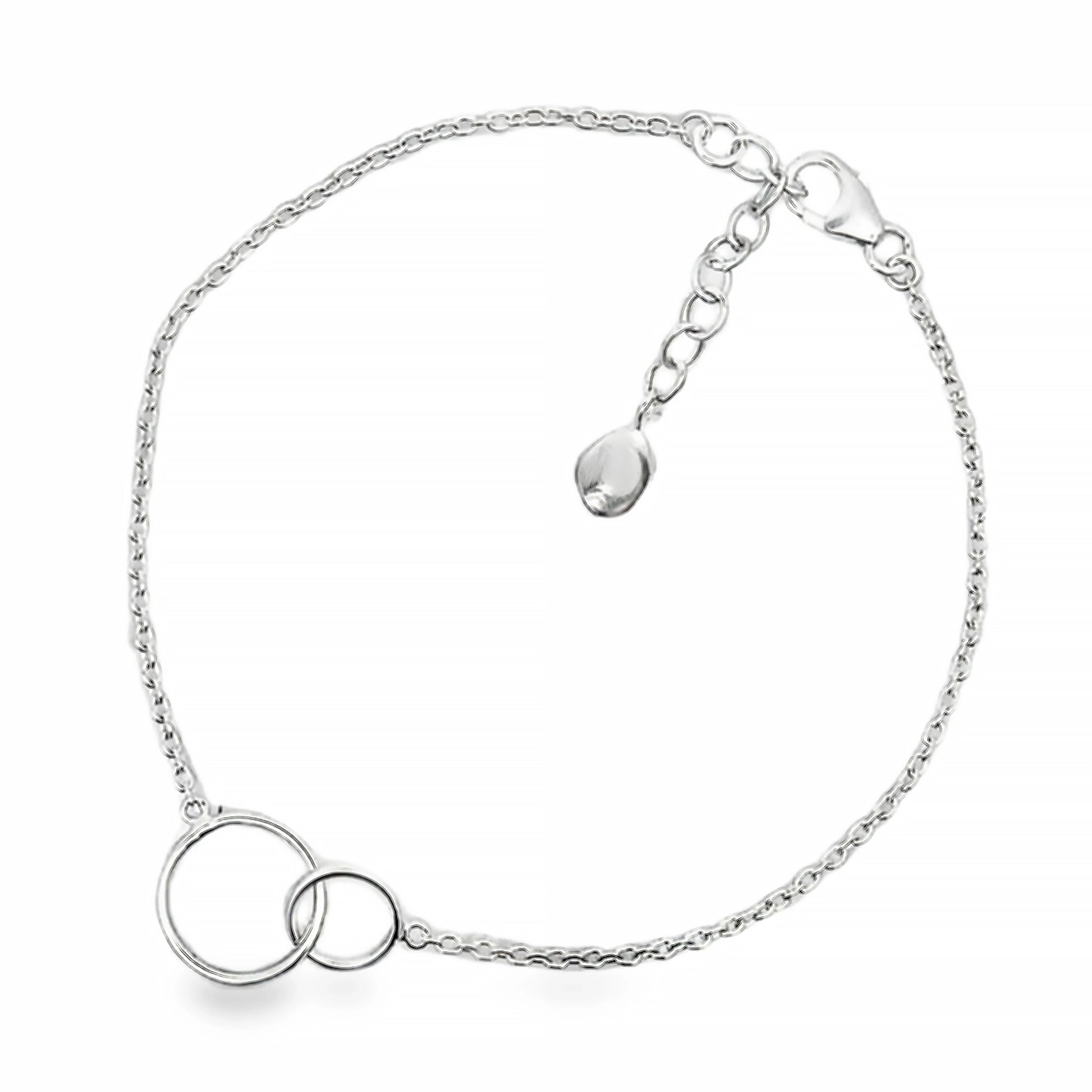 A silver chain bracelet with two interlocking circles design and adjustable size