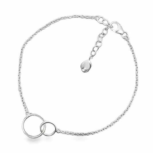 A silver chain bracelet with two interlocking circles design and adjustable size