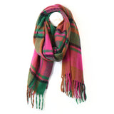 A classic check patterned scarf in bold orange, green and pink with tassel fringe