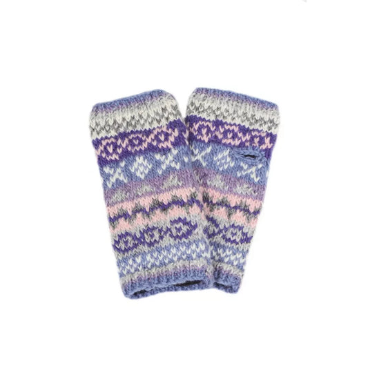 Fairisle patterned hand warmers in blue and purple