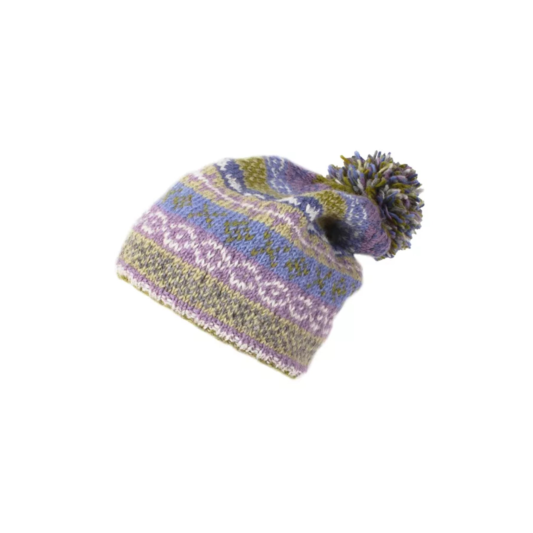 A beanie hat with a fairisle pattern in green, purple and blue, with a pompom