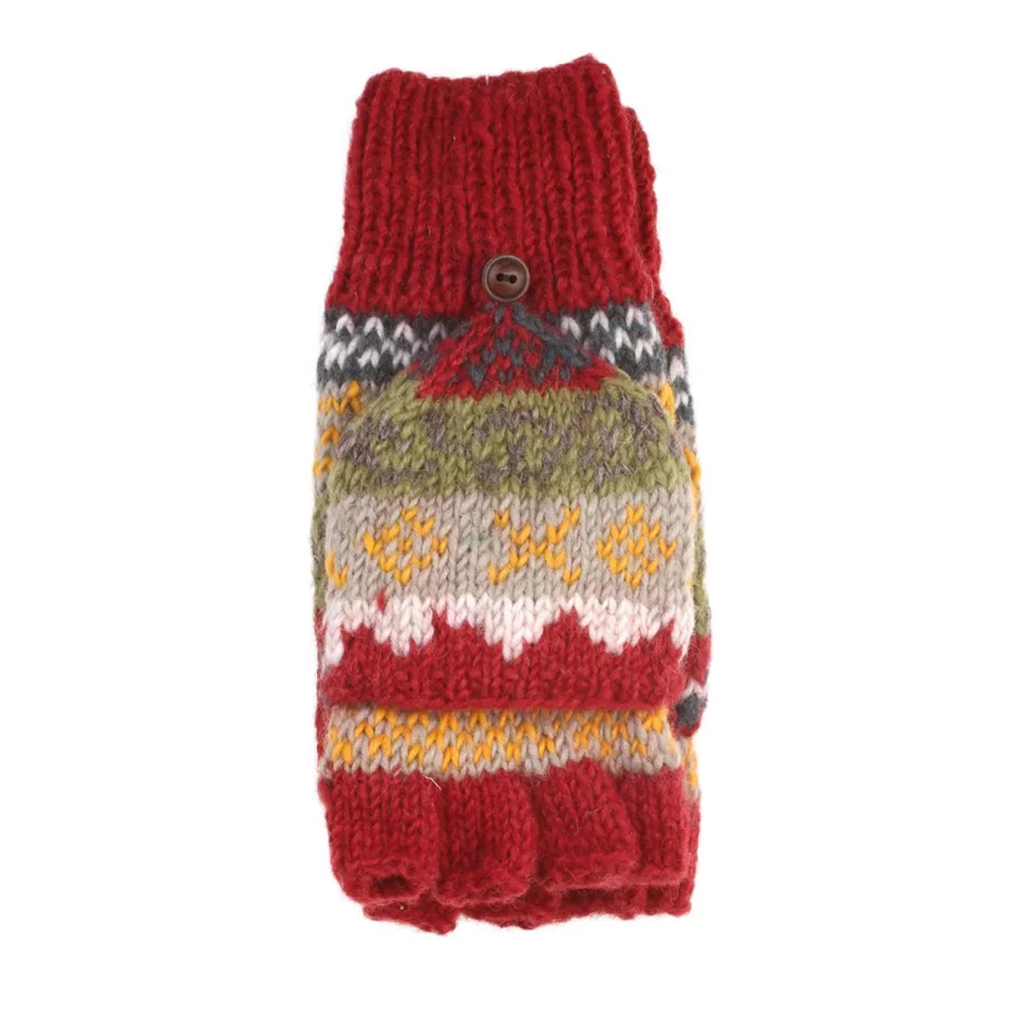 A pair of knitted glove mittens with a rust and green fair isle pattern.