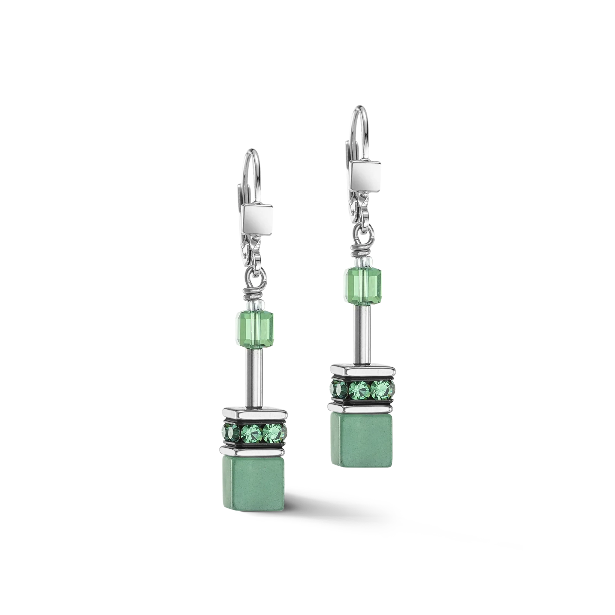 A pair of steel earrings featuring a variety of cube shaped stones including green aventurine