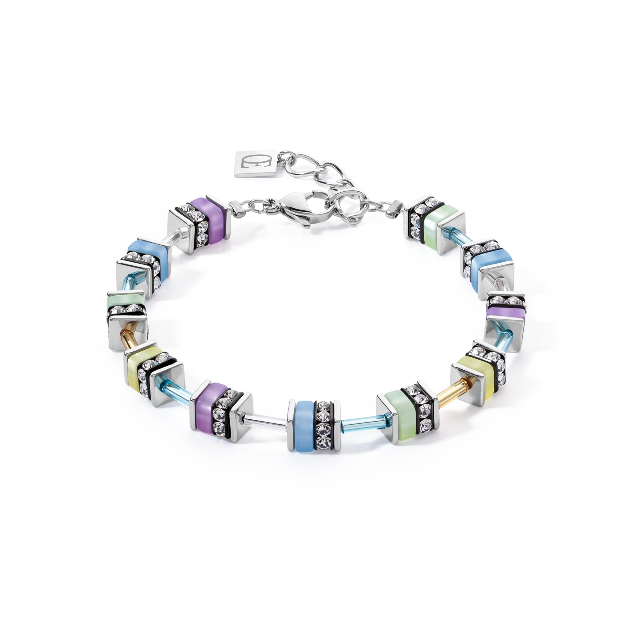 A steel bracelet featuring multicolour pastel stones