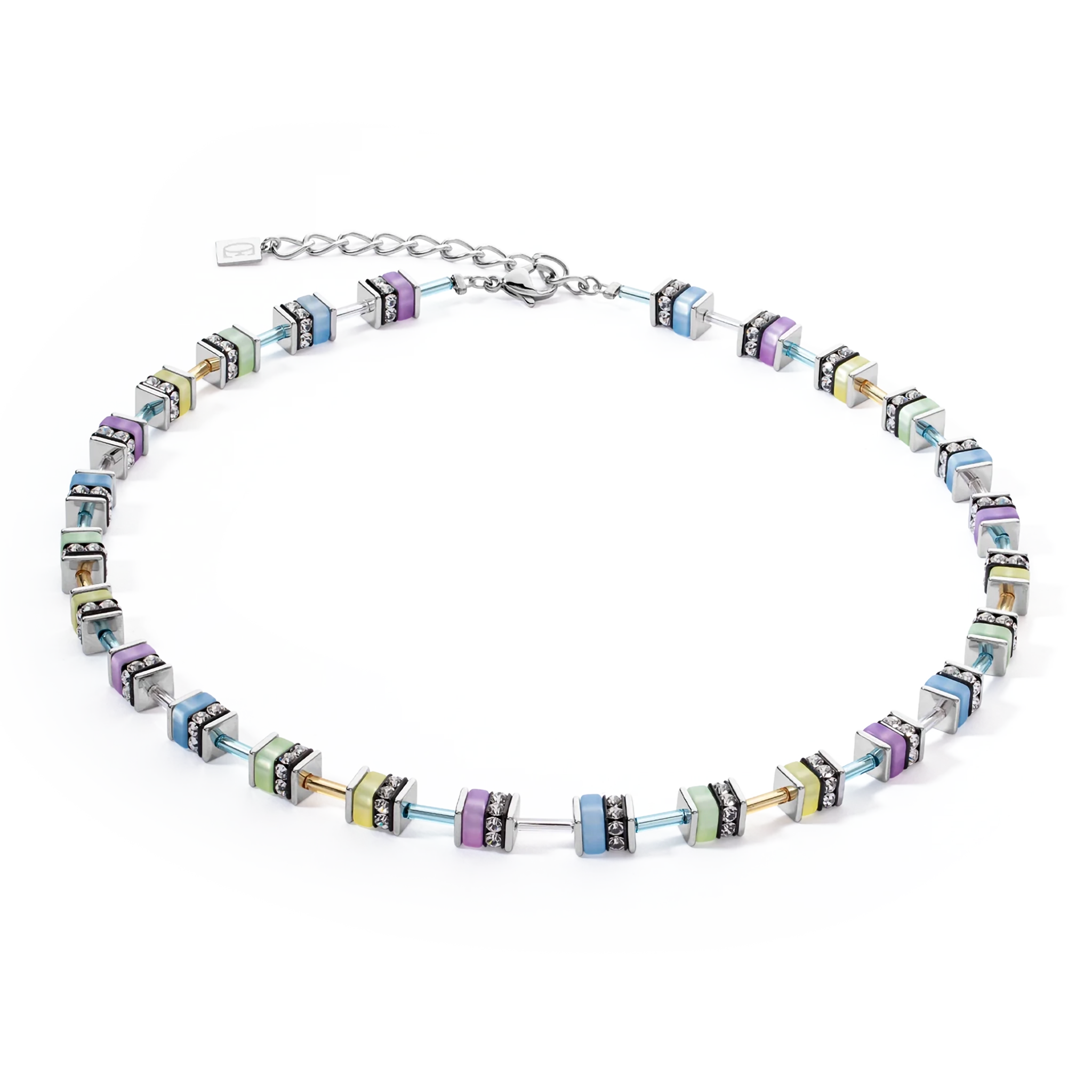 A steel necklace with pastel coloured stones