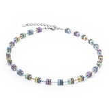 A steel necklace with pastel coloured stones