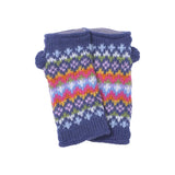 A pair of denim knitted wristwarmers with multicolour stripe pattern