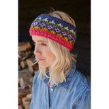 Model wearing a denim knitted headband with multicolour stripe pattern