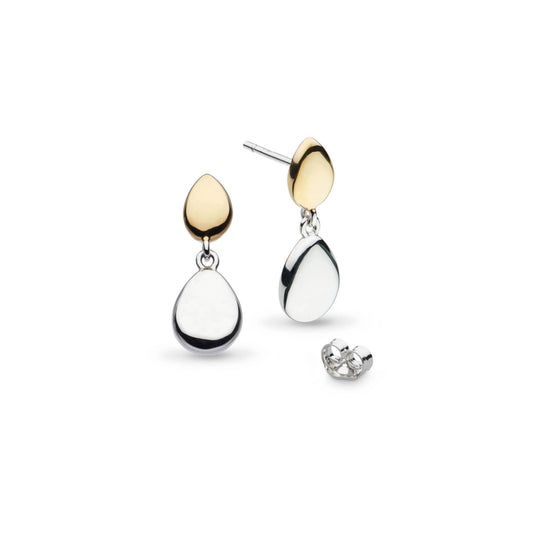 A pair of drop earrings with two pebble shapes, one in yellow gold and one in silver