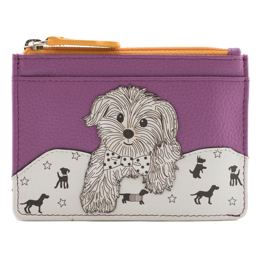 Purple leather card and coin wallet with an applique puppy design