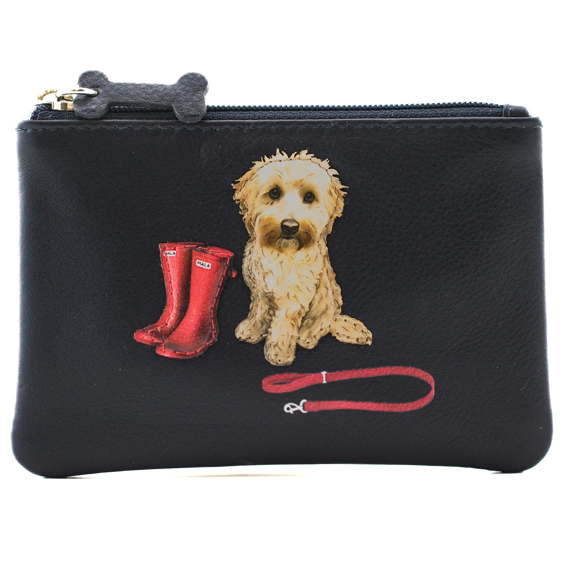 Navy coin purse with applique dog design