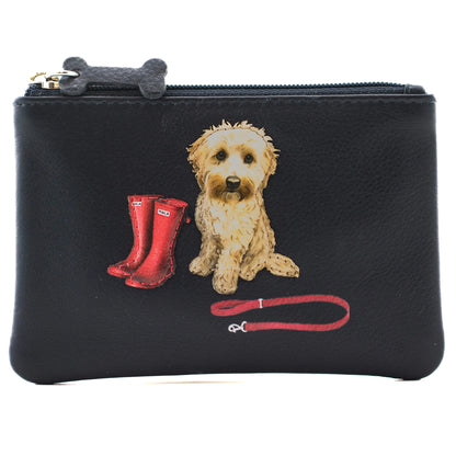 Navy coin purse with applique dog design