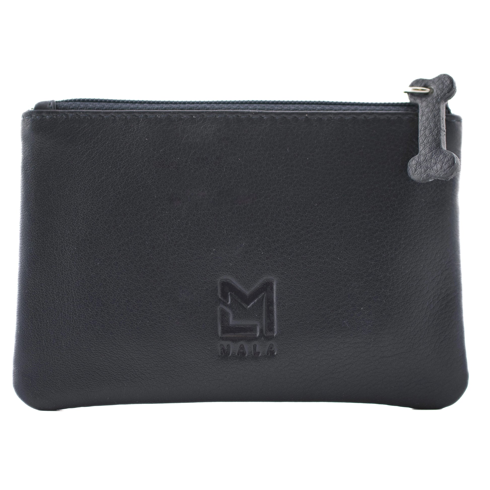 Navy blue coin purse with embossed Mala logo