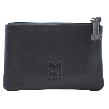 Navy blue coin purse with embossed Mala logo