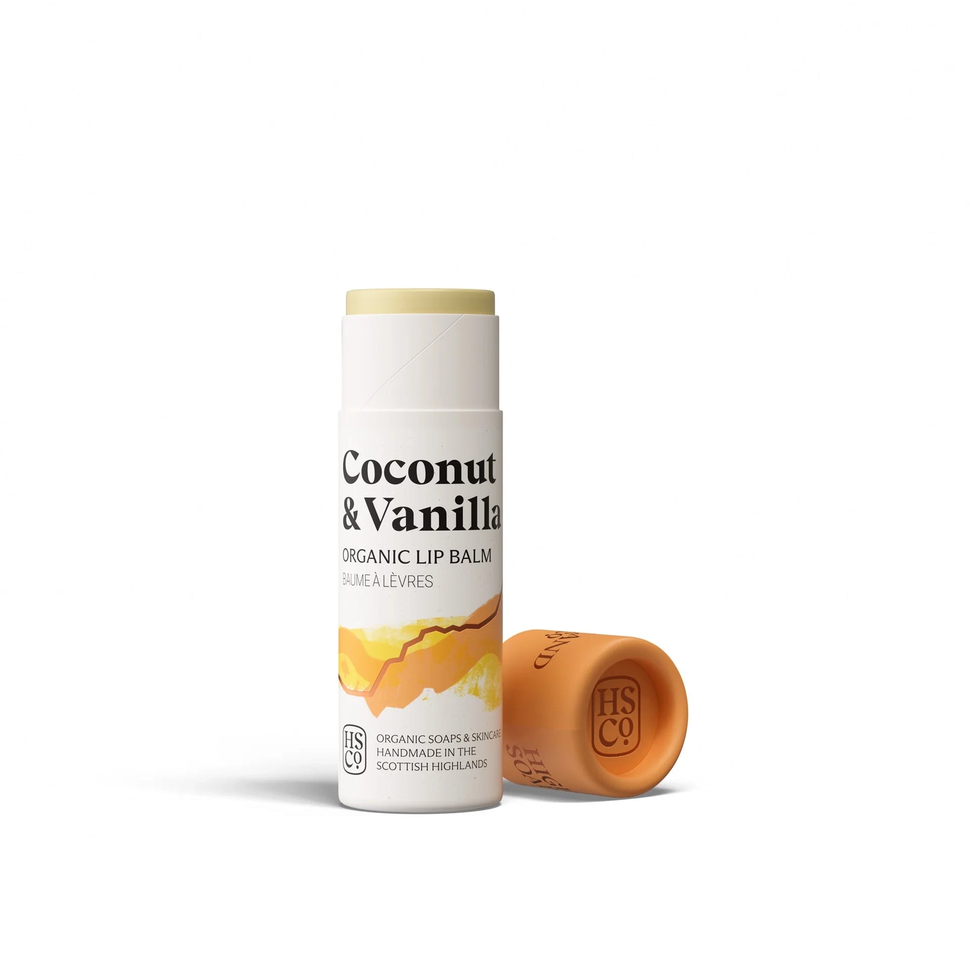 Highland Soap Co. coconut and vanilla flavour organic lip balm in compostable tube packaging