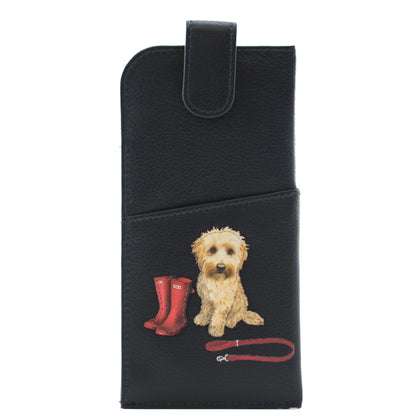 Navy blue glasses case with flap over magnetic closure, front slip pocket, and an applique dog and welly boot design