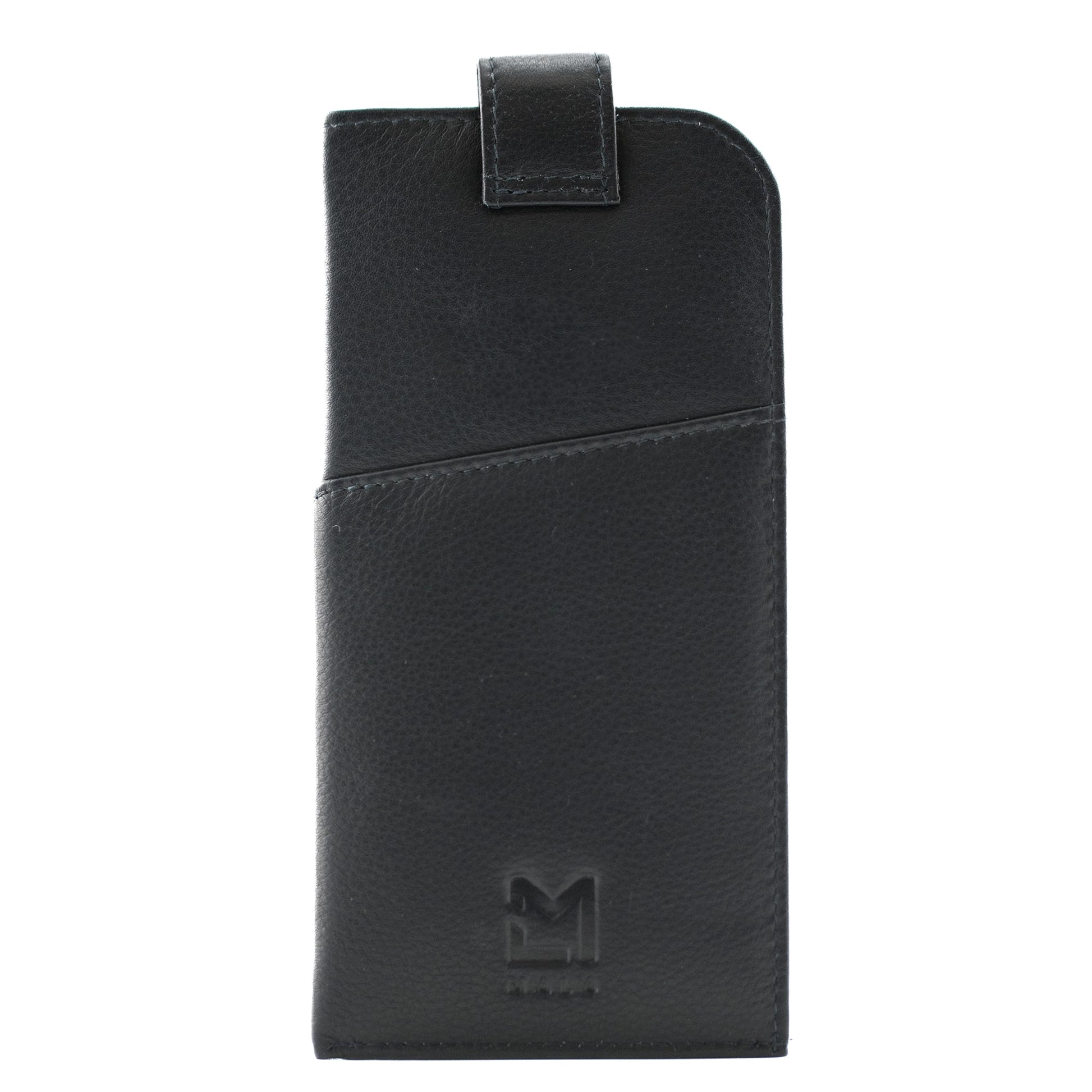 Back of navy blue leather slip glasses case with flap over magnetic closure