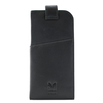 Back of navy blue leather slip glasses case with flap over magnetic closure