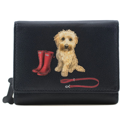Navy blue folding wallet with applique dog and wellies design