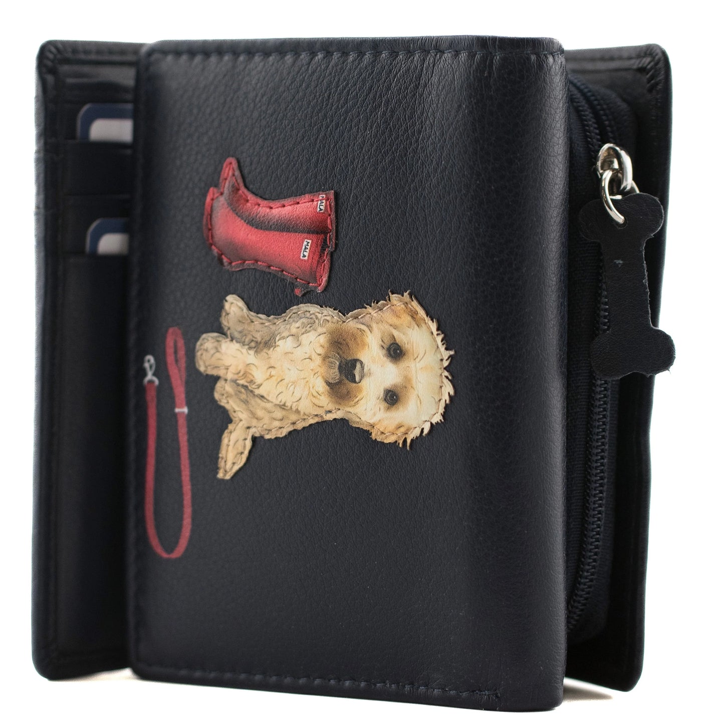 navy blue tri-fold wallet in leather with applique dog and welly boot design