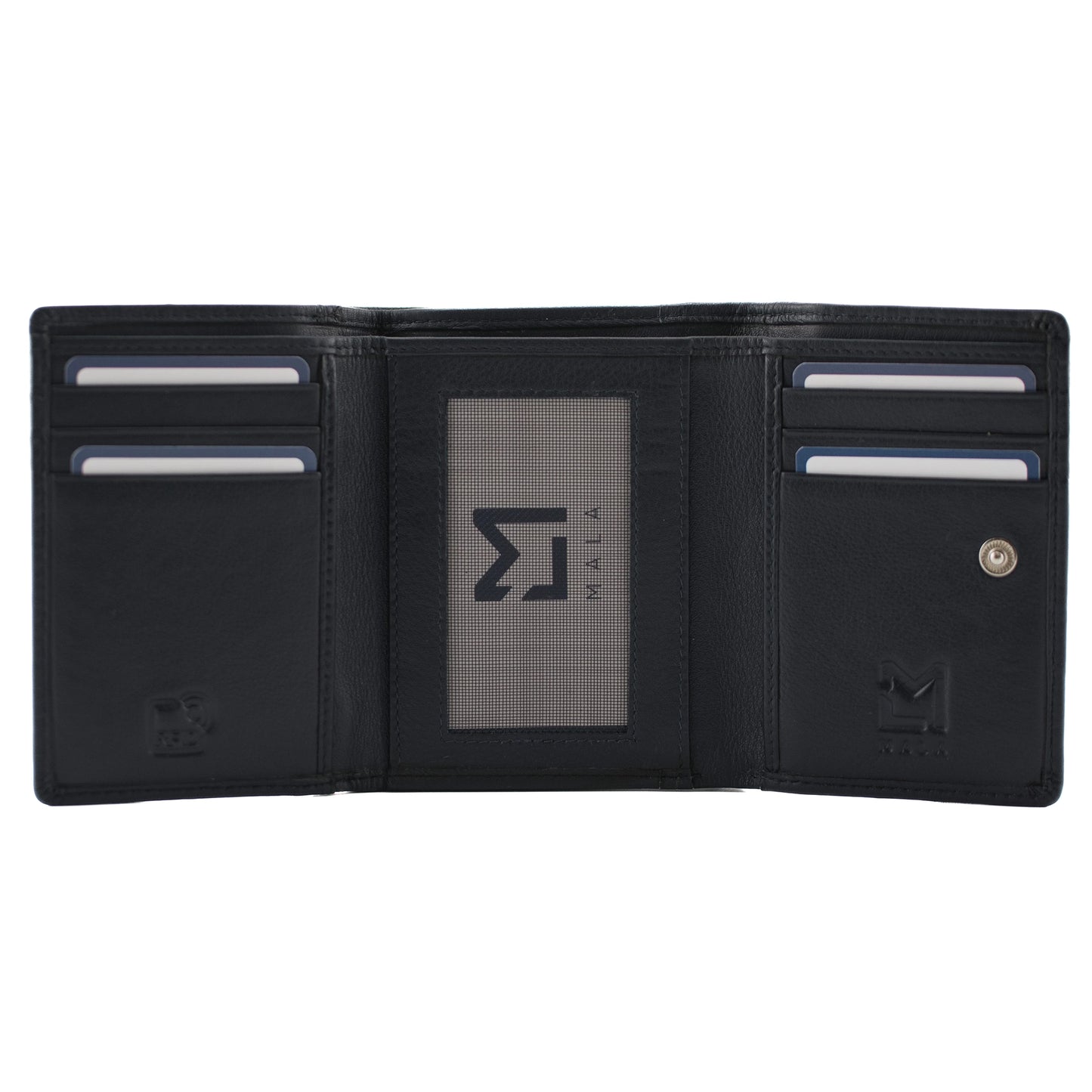 Navy blue tri-fold purse with card slots, ID window and note pocket