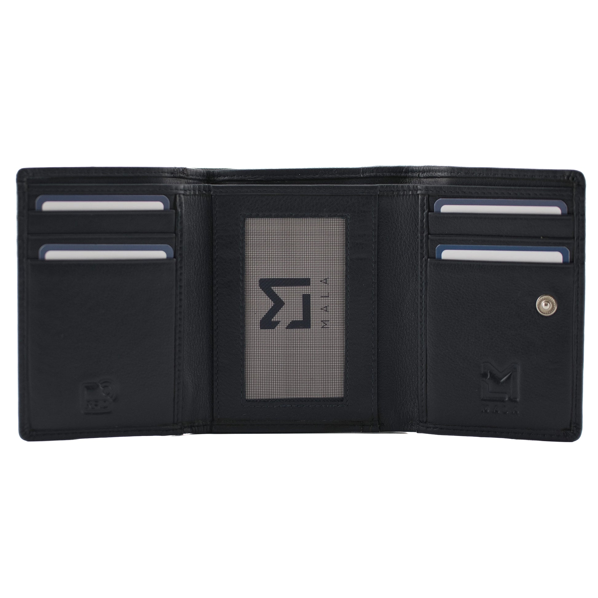 Navy blue tri-fold purse with card slots, ID window and note pocket
