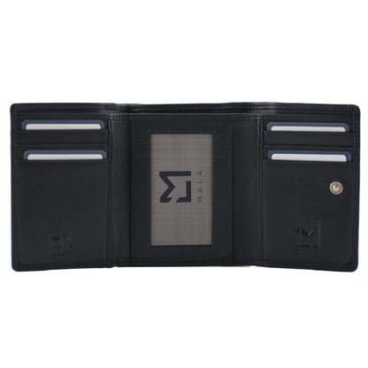 Navy blue tri-fold purse with card slots, ID window and note pocket