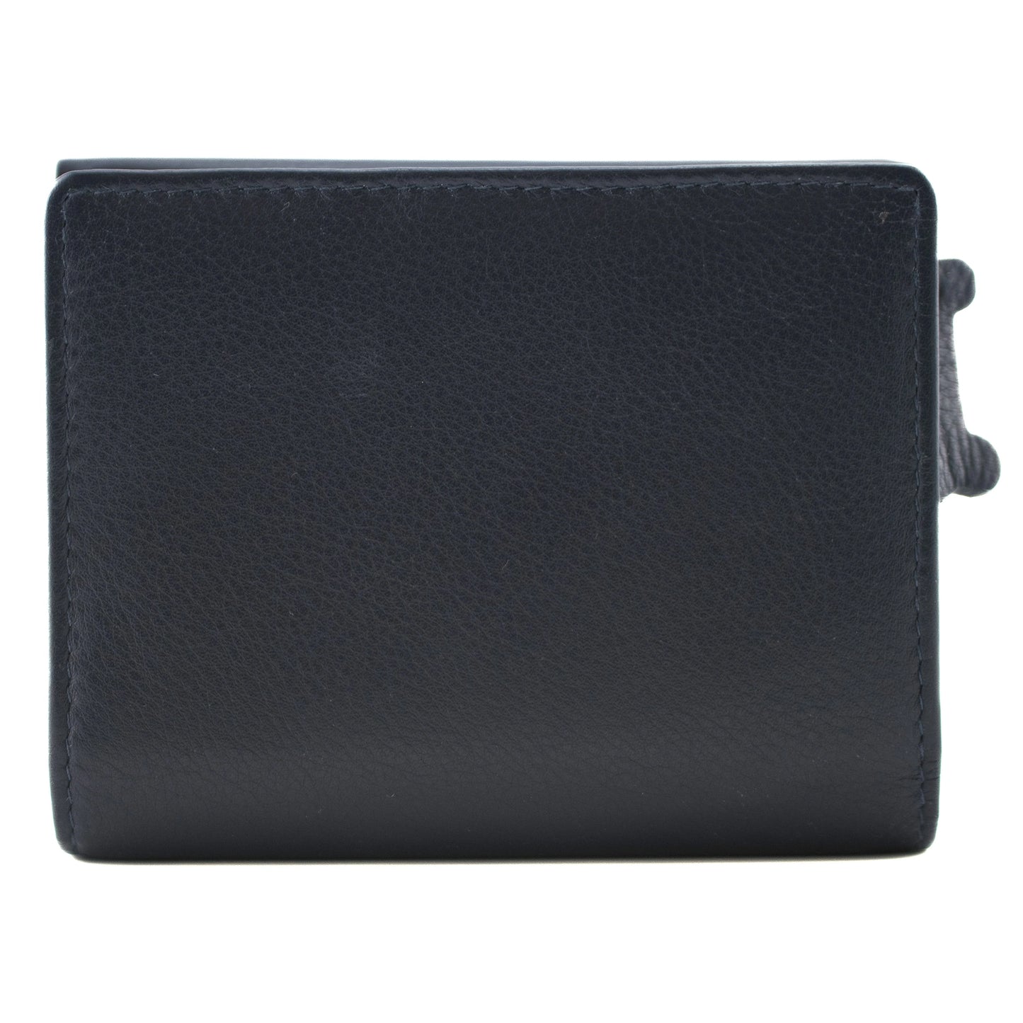 Back of leather navy blue wallet with bone shaped zip