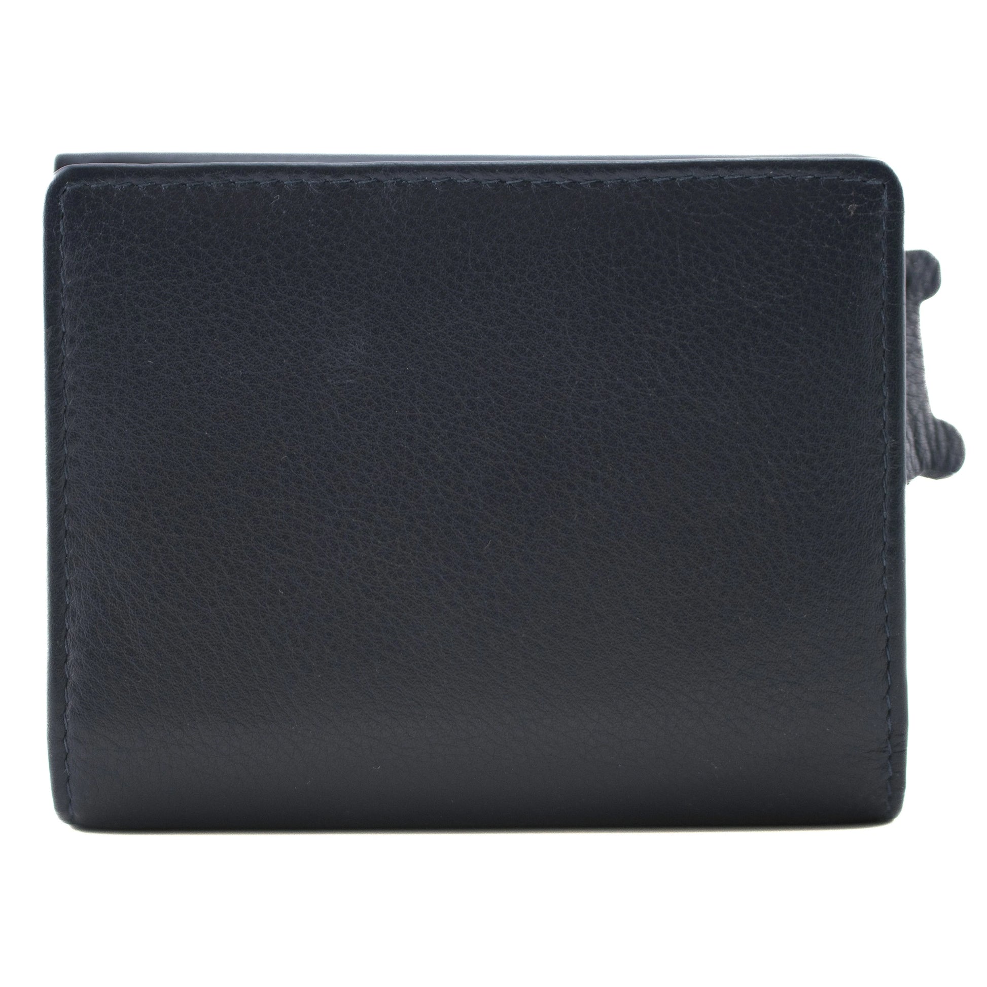 Back of leather navy blue wallet with bone shaped zip