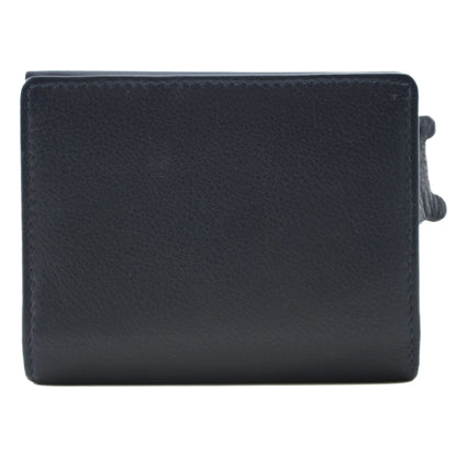Back of leather navy blue wallet with bone shaped zip