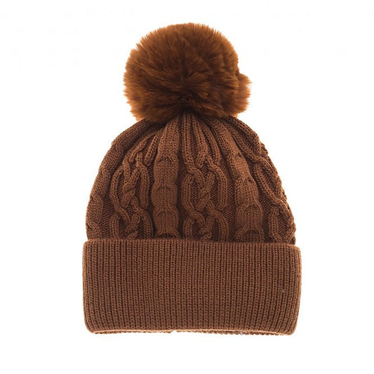 A simple light coffee brown cable knit hat with large fluffy pompom