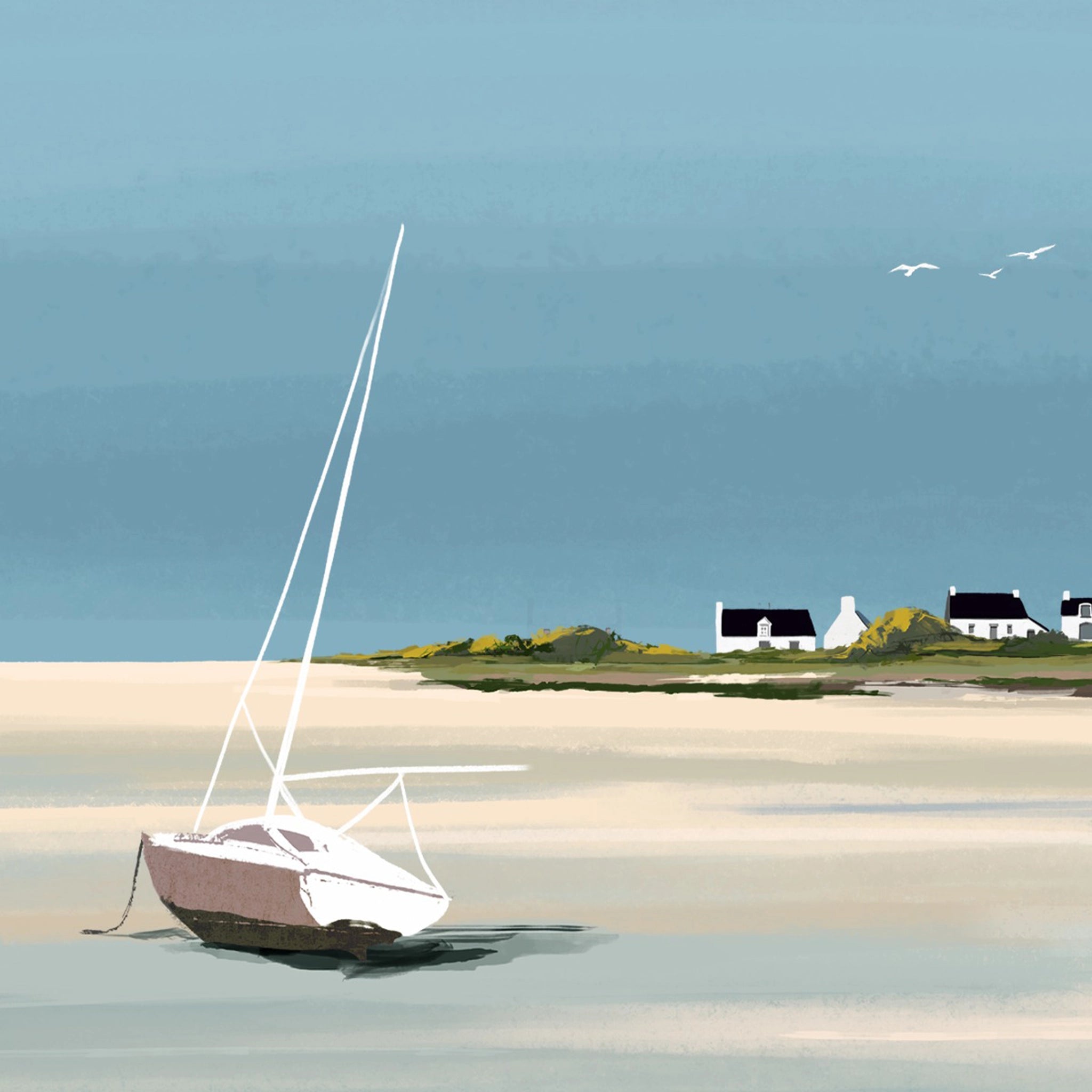 Detailed close up of a low tide seaside scene with blue sky and water, moored boats and cottages on the horizon.