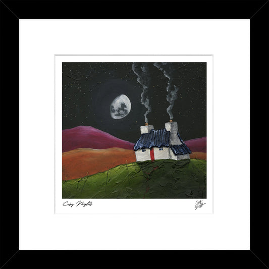A square print featuring a small house on a hill with the moon in the background