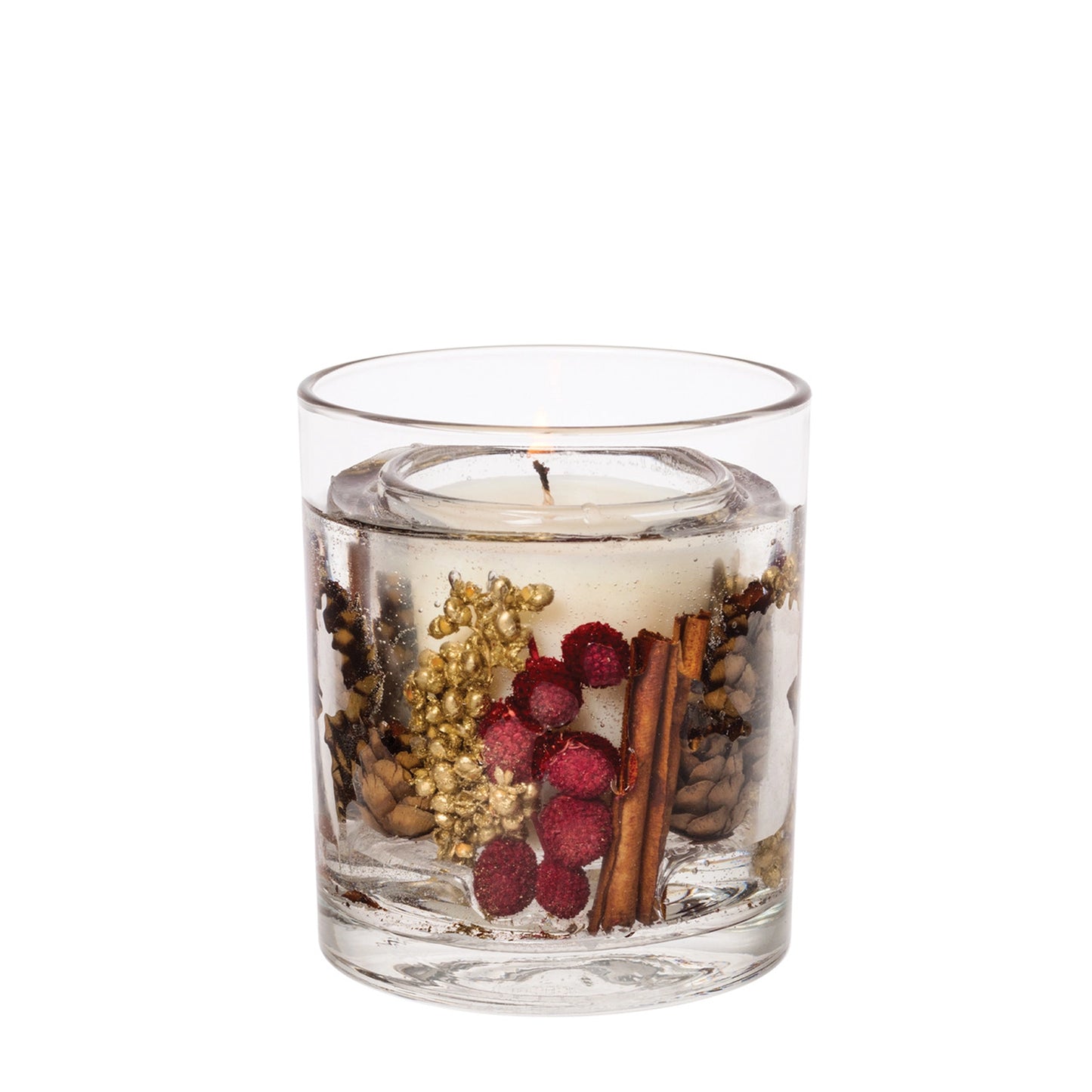 A tumbler candle with seasonal berries and pinecones in a clear gel