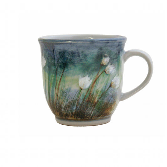 425ml (millilitre), glazed stoneware mug, hand painted with a white cotton grass design on blue/green background