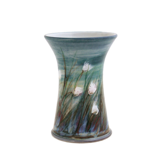 Extra small cylinder flared, glazed stoneware vase, hand painted with a white cotton grass design on blue/green background