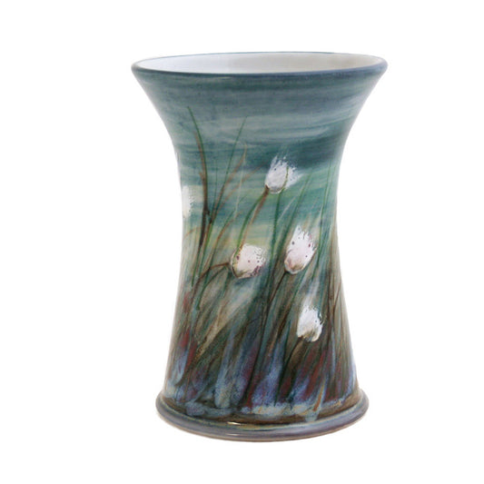 Small cylinder flared, glazed stoneware vase, hand painted with a white cotton grass design on blue/green background
