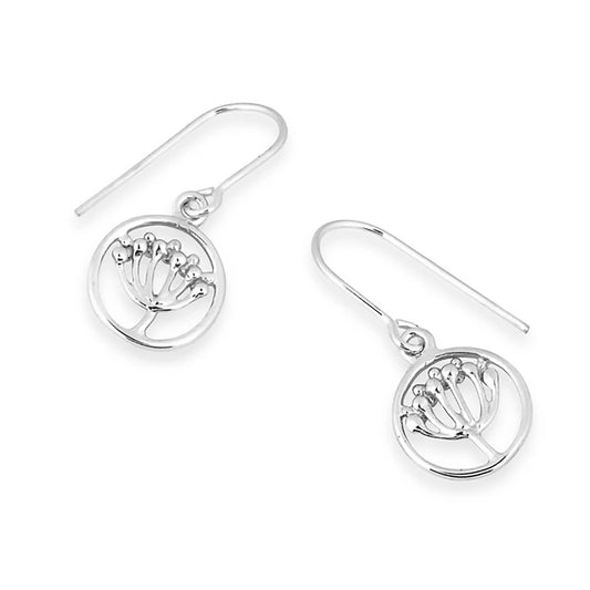 Silver drop earrings on hook fittings with ow parsley flower inside open round frames