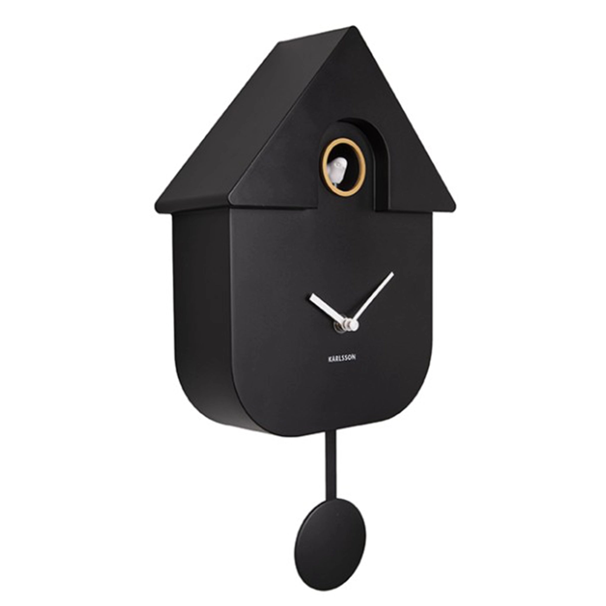 A black modern cuckoo clock side view