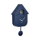 A modern dark blue coloured cuckoo clock side view