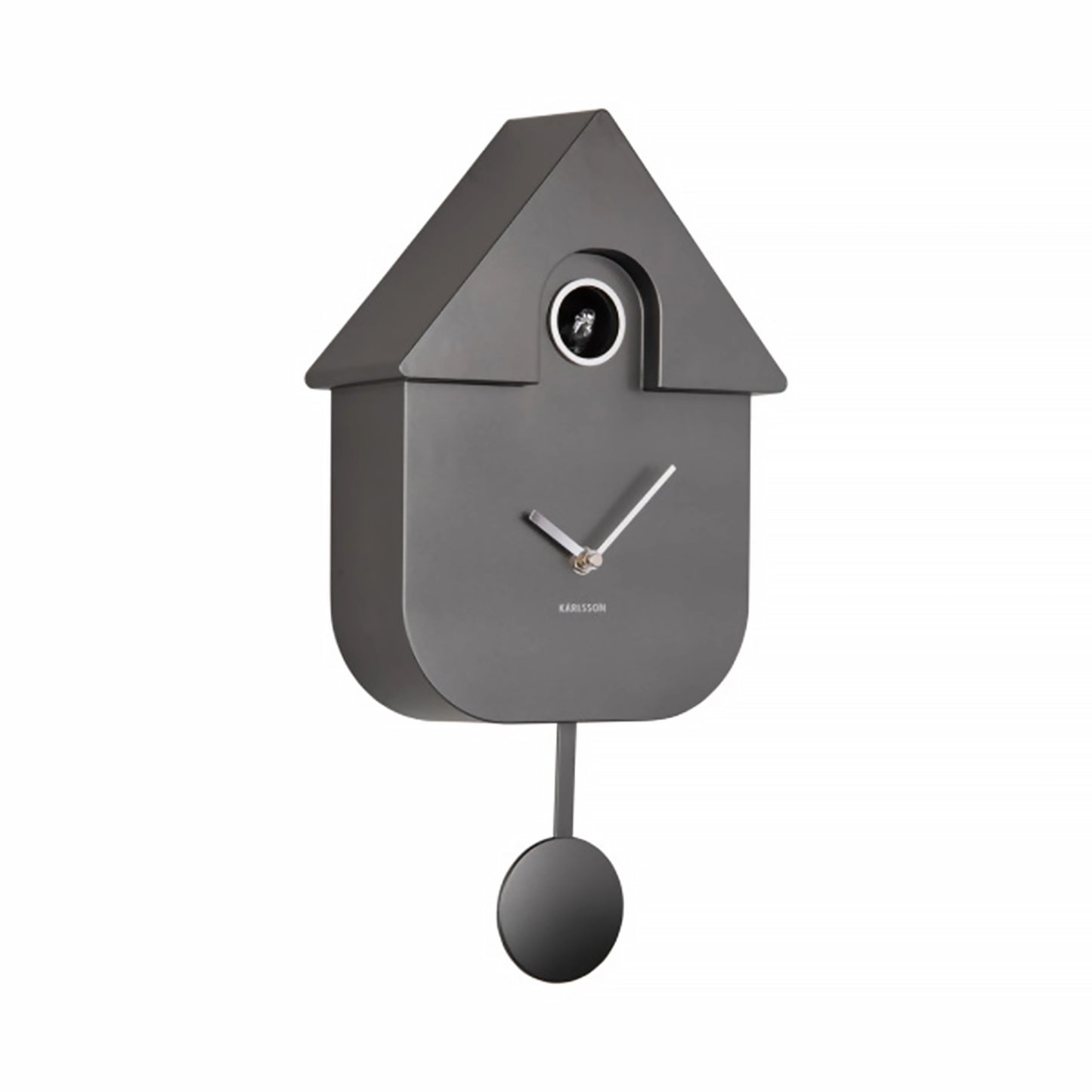 A dark metallic grey modern cuckoo clock side