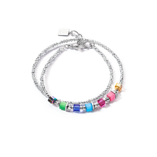 A double band bracelet with cut glass beads and multicoloured mini cube shaped stones